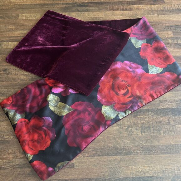Red Rose & Burgundy Velvet Women's Scarf  Romantic Old World Style 55L X 10 1/4W - Picture 13 of 16